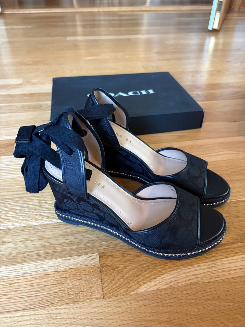 Coach Black Page Signature Canvas Wedge Sandals with Ankle Tie Detail